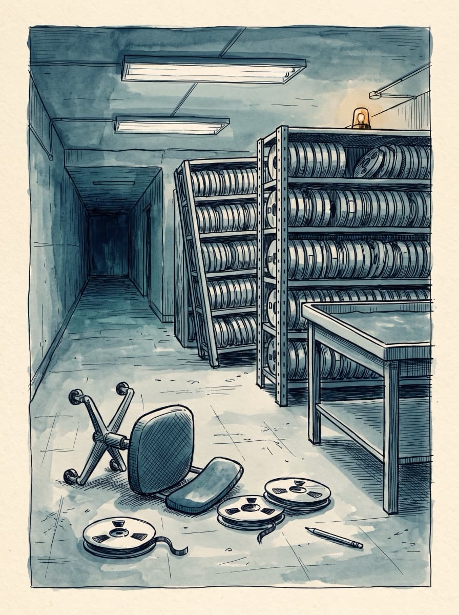 Das Verhör — Fall-Illustration, Tuschezeichnung mit blauer Aquarellwäsche auf cremefarbenem Papier
