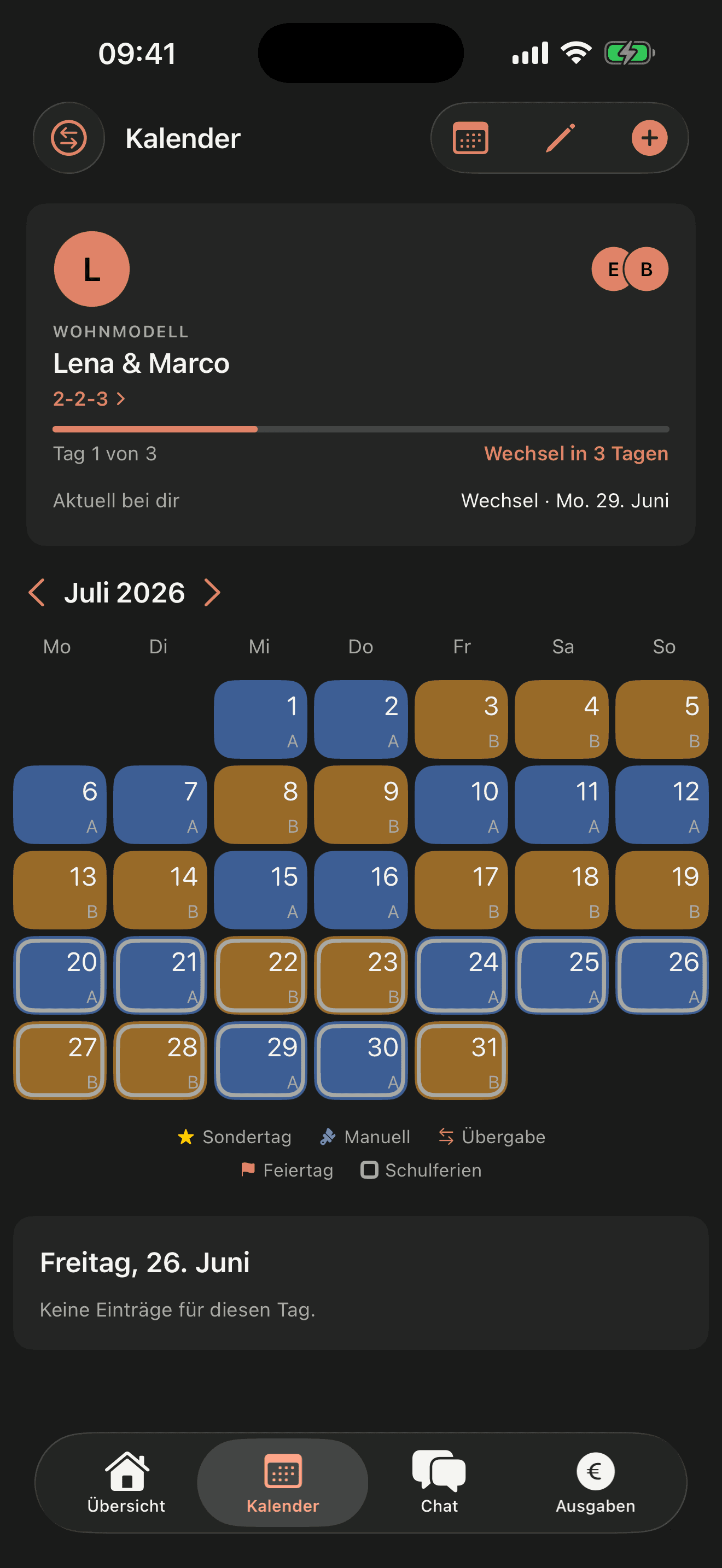 coParents — Wechselkalender mit farbcodierten Tagen und Übergabe-Countdown