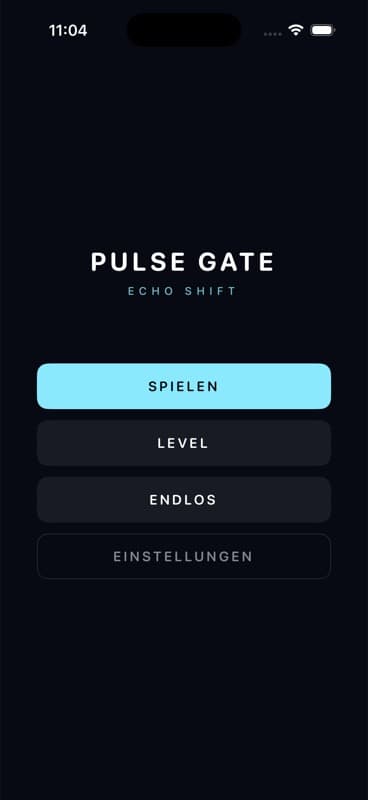 Pulse Gate: Echo Shift — Hauptmenü, dunkles Theme mit Cyan-Akzent